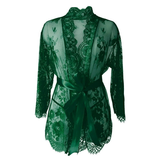 YFNNUP Women's Lace Kimono Robe Sexy Mesh Nightgown 2pc 3/4 Sleeve Lingerie Comfy Belt Nightwear S-3XL