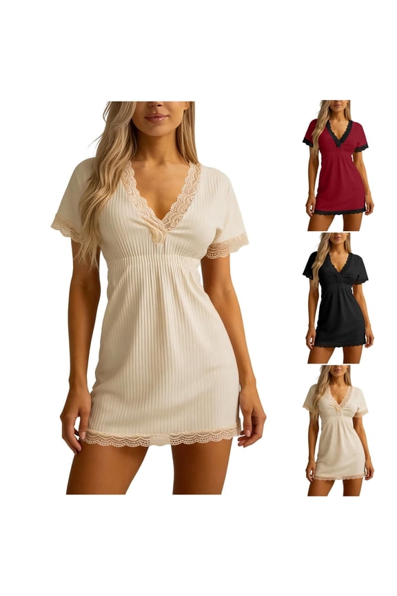 Women's Lace Trim Nightgown Ribbed Knit Short Sleeve Sleepshirt V Neck Pajamas Summer Comfy Tunic Nightdress Red XXXL