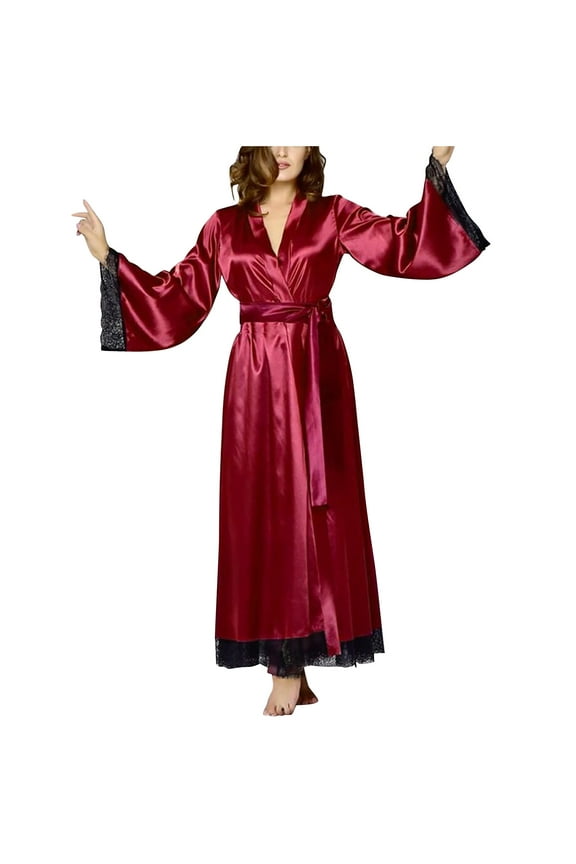 Women's Plus Size Kimono Satin Robe Long Silk Robes for Women Sexy Lace Sleeve Robes Soft Comfortable Nightgown with Belt