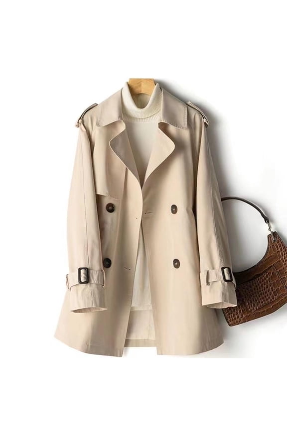 Women's Plus Size Trench Coat Lapel Double Breasted Windbreaker Jacket Solid Casual Cropped Overcoat