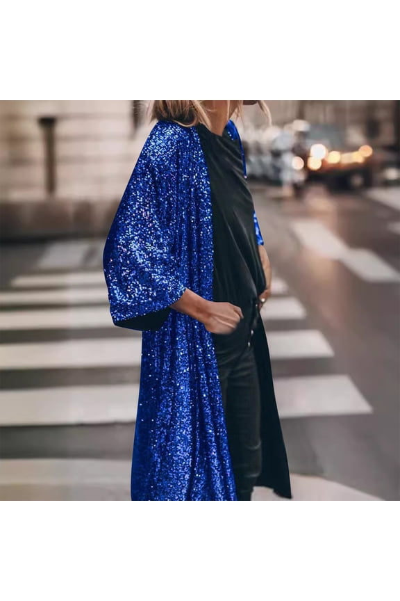 Women's Sequin Cardigan Casual 3/4 Sleeve Shinny Coat Open Front Sparkle Outwear Party Evening Glitter Cardigans