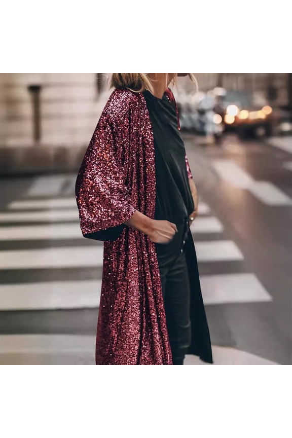 Women's Sequin Cardigan Casual 3/4 Sleeve Shinny Coat Open Front Sparkle Outwear Party Evening Glitter Cardigans
