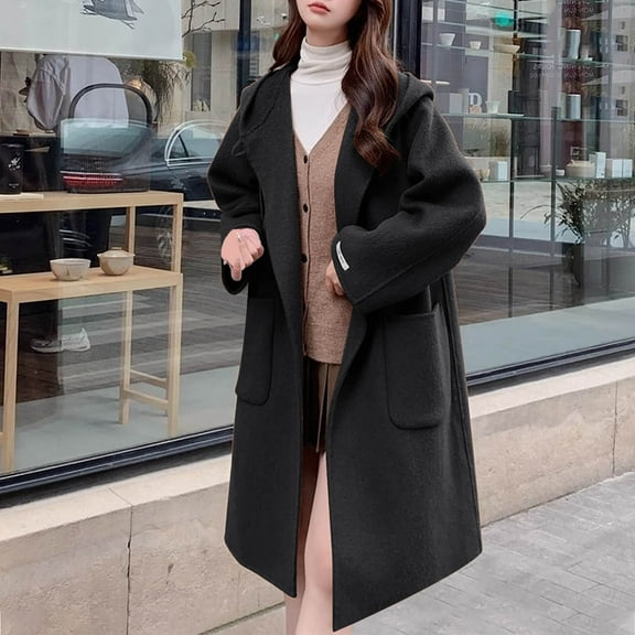 YFNNUP Women's Trench Coats Notched Collar Single Breast Midi Long Pea Coat Casual Loose Winter Outwear with Pockets
