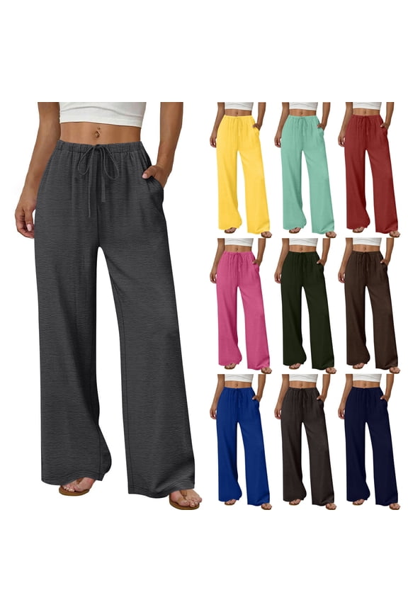 Women's Wide Leg Pant Lightweight Palazzo Pants Elastic Waist Lounge Trouser Loose Fit Vacation Trousers with Pockets Yellow M