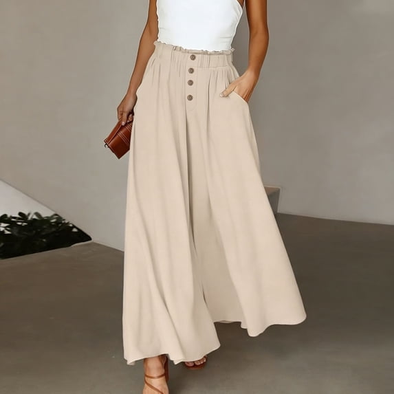 YFNNUP Women's Wide Leg Pants Elastic Waist Lounge Pant Lightweight Comfy Office Trouser With Button Casual Loose Fit Trousers Beige L