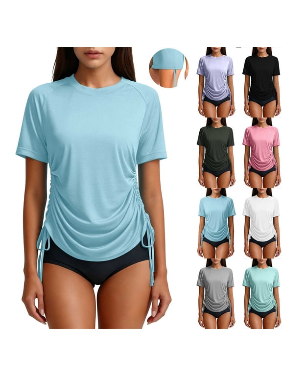 Women's Workout Tops UPF 50+ Quick Dry Short Sleeve Shirts Sun Protection Athletic Blouses Casual Side Tie Tees Black M