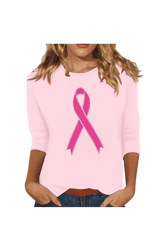 Womens' 3/4 Length Sleeve Breast Cancer Shirts Pink Ribbon Funny Painting Shirt Casual Crewneck Tshirts Loose Fit T Shirt Soft Lightweight Three Quarter Length Shirts