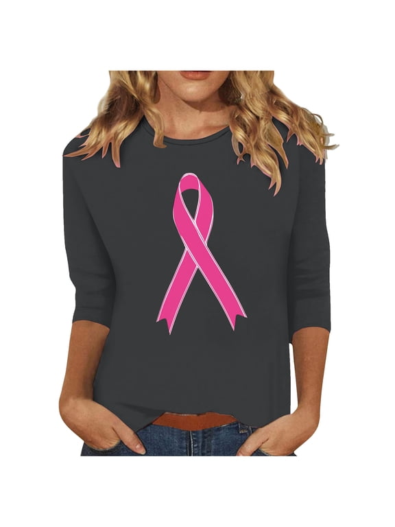 Womens' 3/4 Length Sleeve Breast Cancer Shirts Pink Ribbon Funny Painting Shirt Casual Crewneck Tshirts Loose Fit T Shirt Soft Lightweight Three Quarter Length Shirts