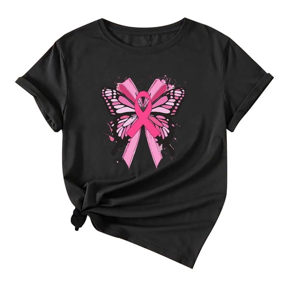YFNNUP Womens 3/4 Sleeve Breast Cancer Shirts Crewneck Pink Ribbon Butterfly Printed Tee Shirt Soft Lightweight Shirt Three Quarter Length Shirts
