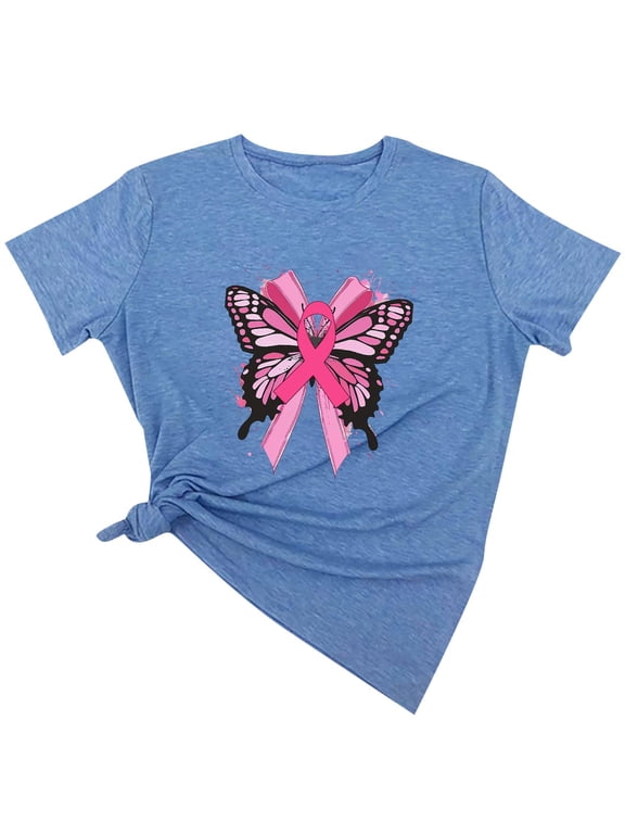 Womens 3/4 Sleeve Breast Cancer Shirts Crewneck Pink Ribbon Butterfly Printed Tee Shirt Soft Lightweight Shirt Three Quarter Length Shirts