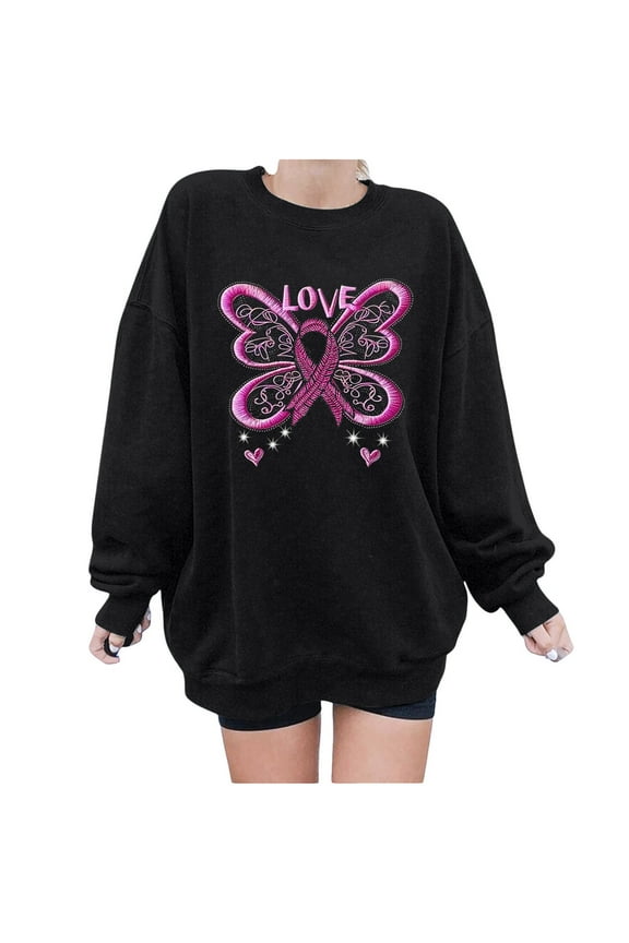 Womens' Breast Cancer Awareness Long Sleeve Sweatshirts Butterfly Graphic Sweatshirt Trendy Cute Sweatshirt 2024 Fall Casual Crewneck Pullover Tops.