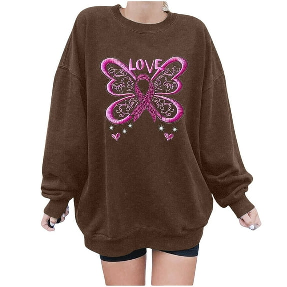 YFNNUP Womens' Breast Cancer Awareness Long Sleeve Sweatshirts Butterfly Graphic Sweatshirt Trendy Cute Sweatshirt 2024 Fall Casual Crewneck Pullover Tops.