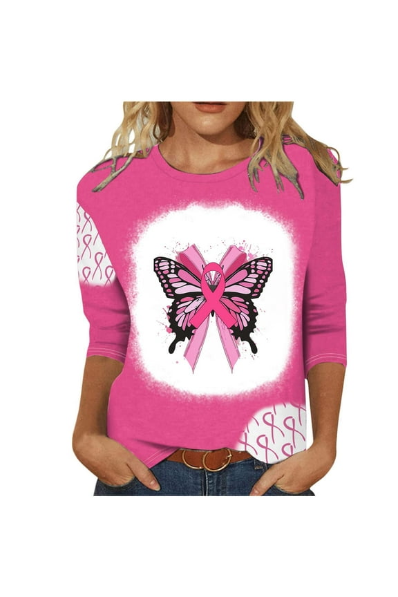 Womens Breast Cancer Awareness Shirts Pink Ribbon 3/4 Sleeve Tee Shirts Casual Crewneck Shirt Slim Fit Tshirts Three Guarter Length Plus Size T Shirt 2024 Summer & Fall Pullover Tops