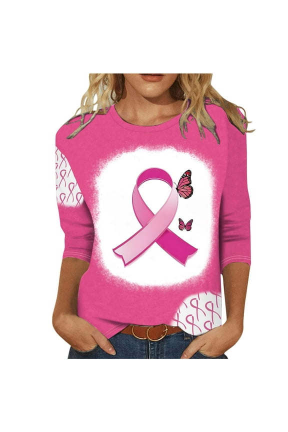 Womens Breast Cancer Fighting Awareness Shirts Casual Pink Ribbon Shirts Funny Graphic Plus Size 3/4 Sleeve Tee Shirts Trendy Crew Neck Tshirts Loose Lightweight Blouses