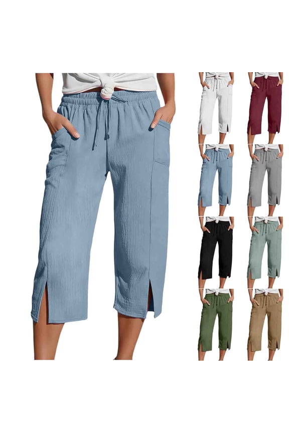 Womens Capri Pants Elastic Waist Lightweight Cropped Trouser Drawstring Casual Pant Summer Vacation Trousers with Pockets Mint Green S