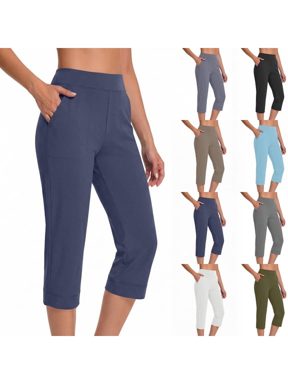 Womens Capri Pants Yoga High Waisted Workout Capris Leggings Lightweight Casual Trousers Breathable Crop Trouser Navy L