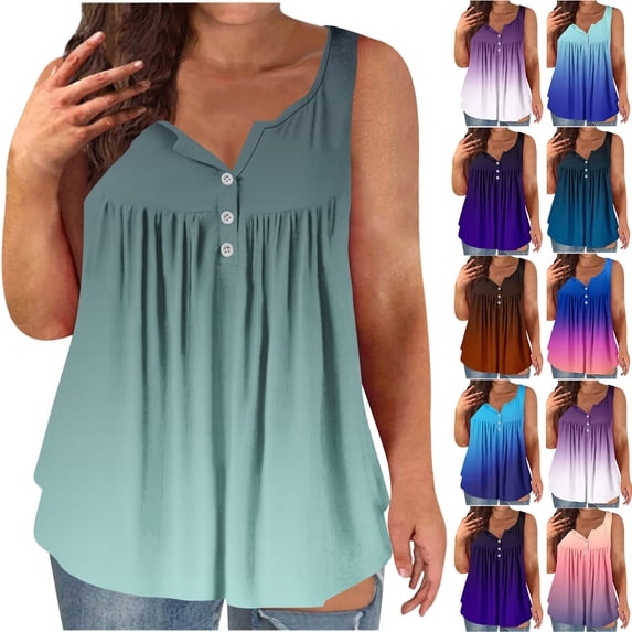 YFNNUP Womens Casual Tank Tops Plus Size Quarter Button V-Neck Tunic T-Shirt Loose Fir Sleeveless Pleated Camisole 2026