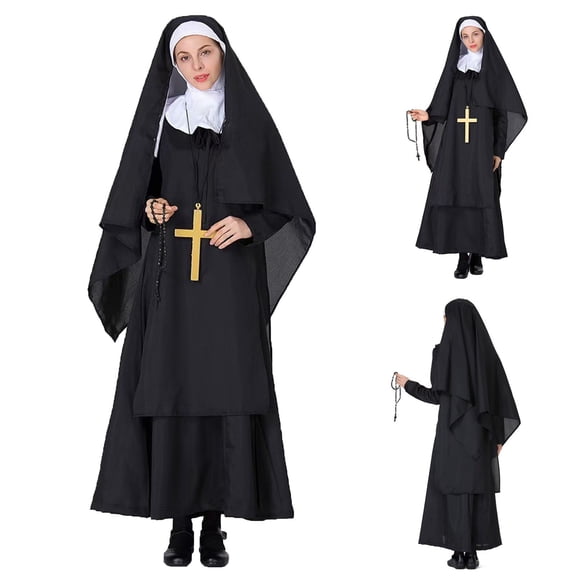 YFNNUP Womens Classic Nun Costume Set Headpiece and Cross Necklace Church Halloween Religious Outfit Black,XXL