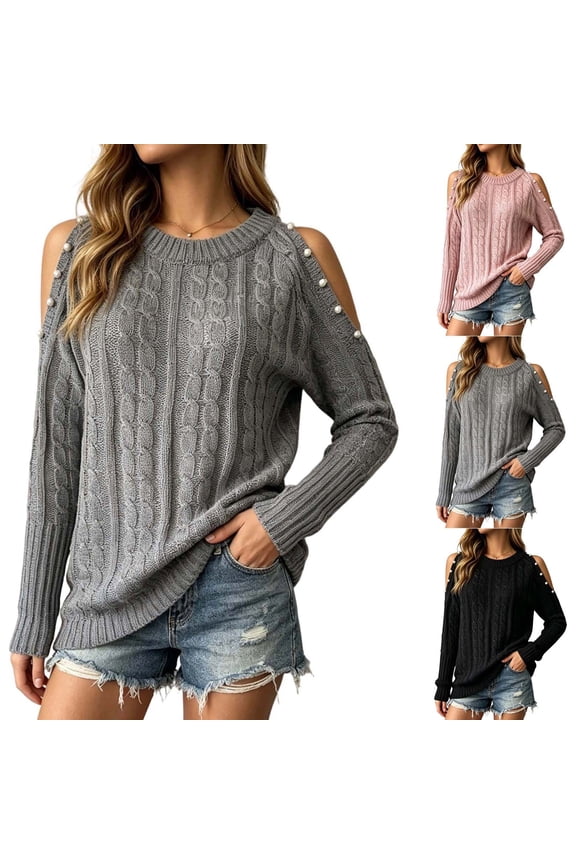 Womens Cold Shoulder Crewneck Sweaters Long Sleeve Soft Cable Knit Pullover Beading Jumper Tops Pink,S