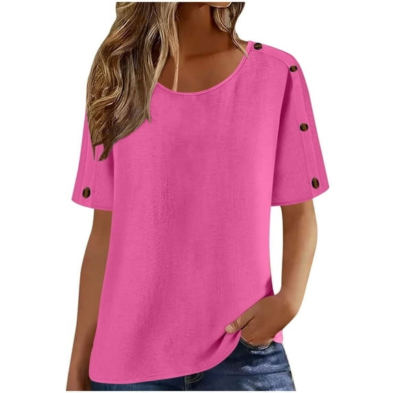 YFNNUP Womens Cotton Linen T Shirts Summer Trendy Short Sleeve Button Tops Dressy Casual Beach Blouse Loose Fit Solid Color Tees 2026
