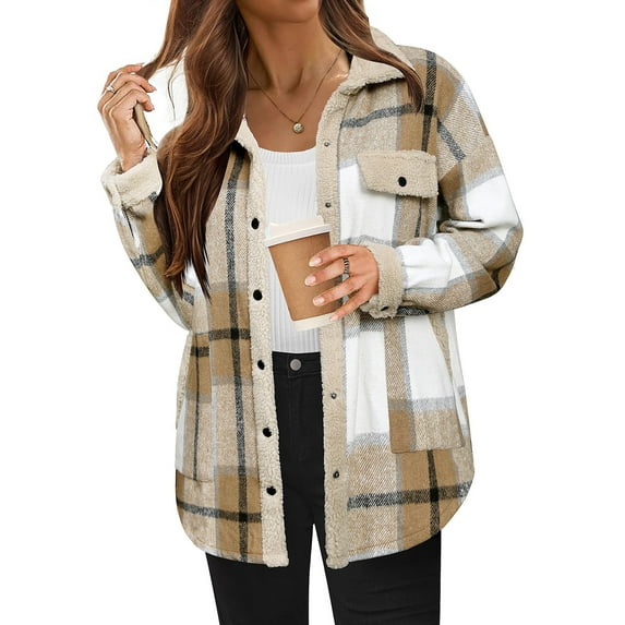 YFNNUP Womens Flannel Plaid Jacket Coat Casual Button Down Long Sleeve Jacket Outwear 2024 Fall Fashion Shacket Jacket Cozy Lapel Blouse Tops
