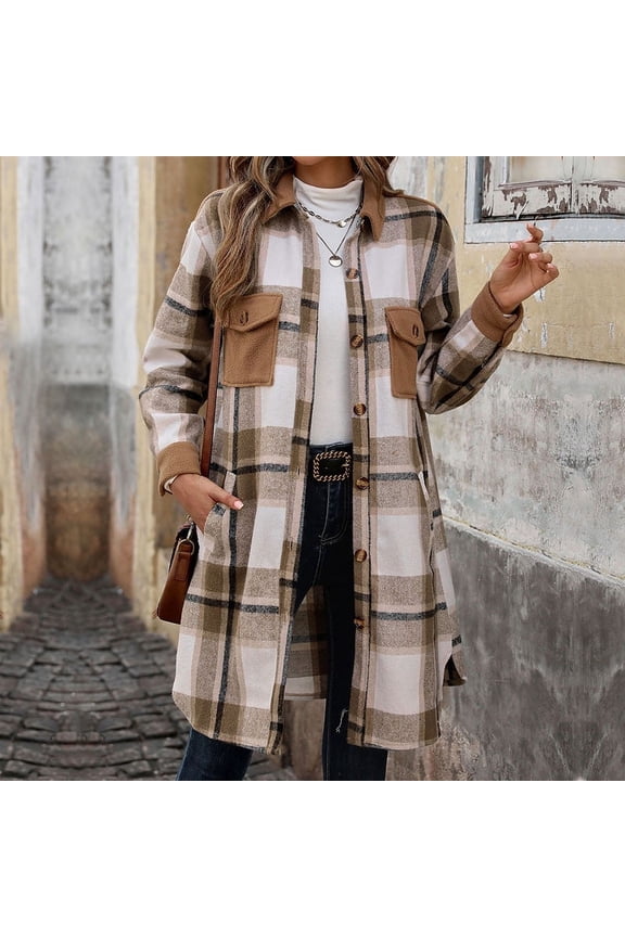 Womens Flannel Shacket Plaid Button Down Shirts Jacket Long Sleeve Lapel Pea Coats Fall Outfits 2025
