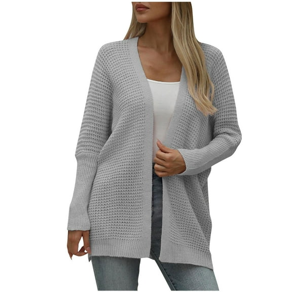 YFNNUP Womens Open Front Cardigan Knit Long Sleeve Sweaters Tops Fall Solid Color Knitted Coat Outerwear with Pockets