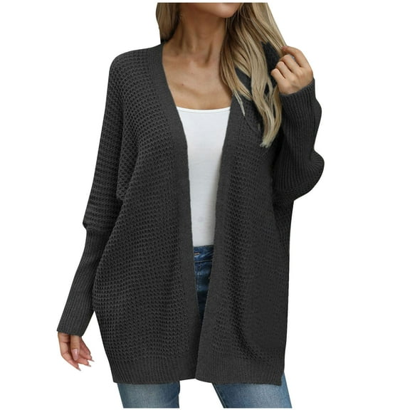 YFNNUP Womens Open Front Cardigan Knit Long Sleeve Sweaters Tops Fall Solid Color Knitted Coat Outerwear with Pockets