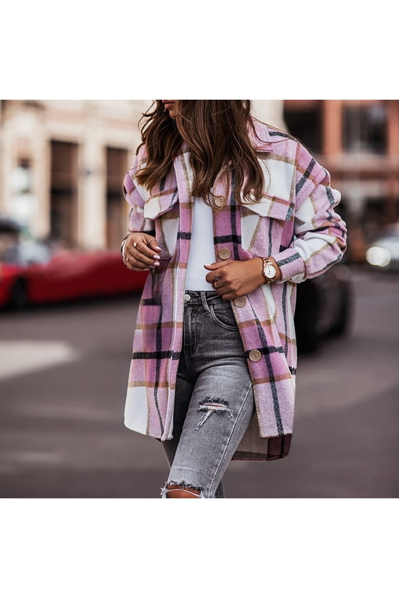Womens Plaid Shacket Jacket Dressy Flannel Long Shirt Casual Lapel Button Down Flannel Trench Coats with Pockets