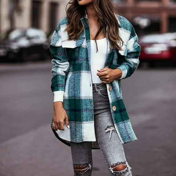YFNNUP Womens Plaid Shacket Jacket Dressy Flannel Long Shirt Casual Lapel Button Down Flannel Trench Coats with Pockets