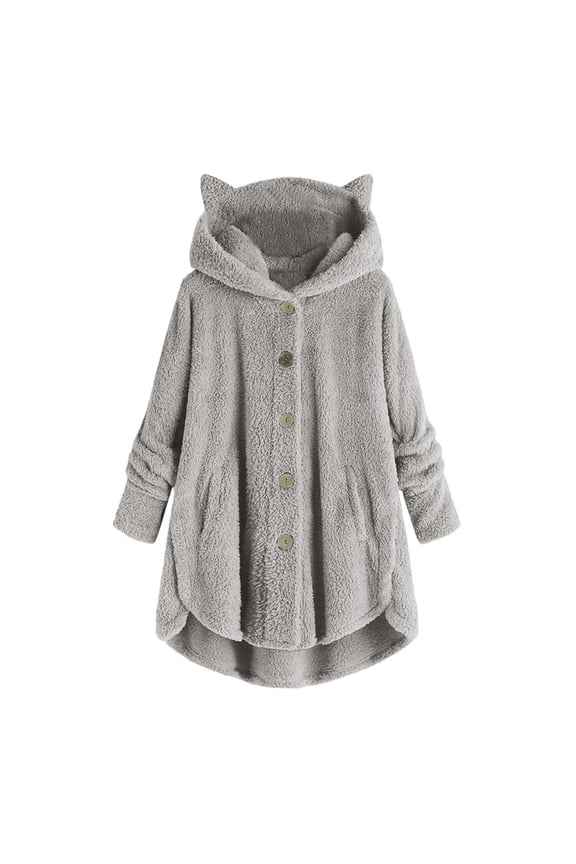 Womens Plus Size Cute Cat Ear Hoodies Hooded Casual Button Down Hoodies Sherpa Fleece Jacket Cozy Double Fuzzy Coat