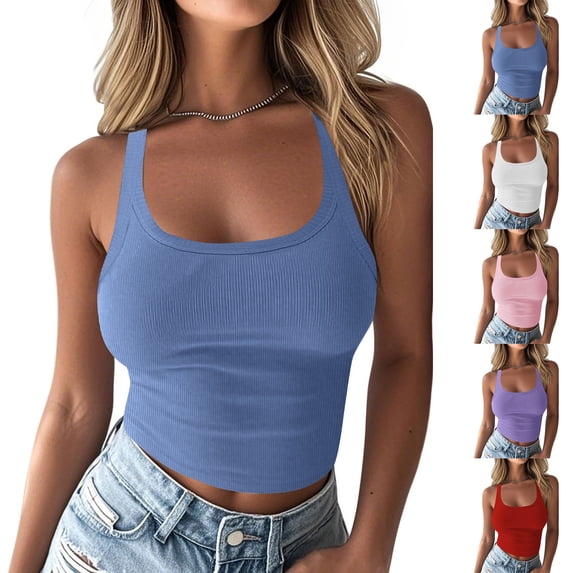 YFNNUP Womens Plus Size Scoop Neck Tank Top Women Low Cut Racerback Workout Ribbed Knit Fitted Sleeveless Cami Shirt