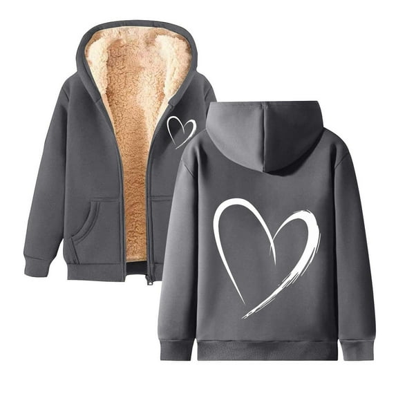 YFNNUP Womens Plush Lined Hoodie Casual Full Zip Jacket Hooded Long Sleeve Coat Valentine's Day Printed Jacket Coat with Pockets