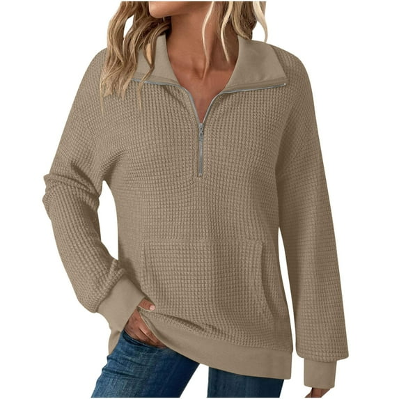 YFNNUP Womens Quarter Zip Pullover Sweatshirt Casual Waffle Sweatshirts Spring Fall Long Sleeve Solid Tops