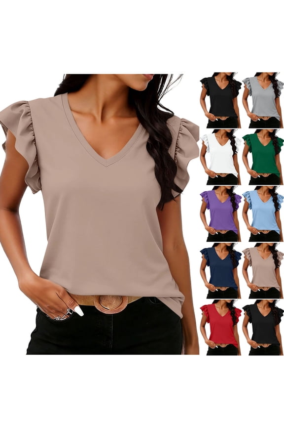 Womens Summer Tops Casual Ruffle Short Sleeve Tunic Shirts Dressy V Neck Work Blouses 2026 Fashion Going Out Top Navy L