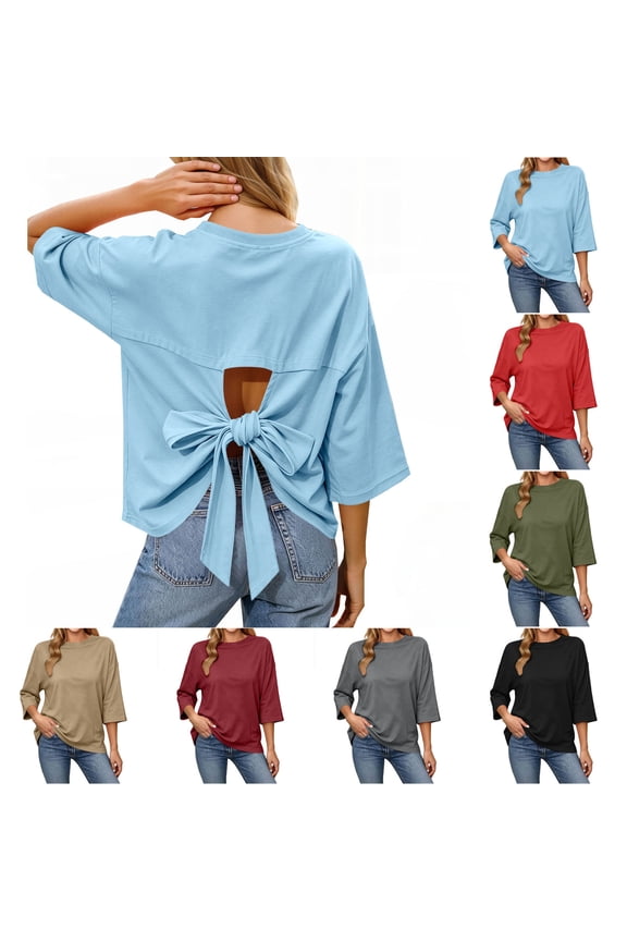 Womens Summer Tops Tie Back 3/4 Length t Sleeve T Shirts Casual Crewneck Blouses Solid Color Basic Tee Wine XXL