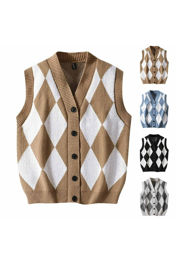 Womens Sweater Vest Trendy Argyle V Neck Button Down Vest Trendy Knit Sleeveless Cardigan Top Shirt Gray XXXL