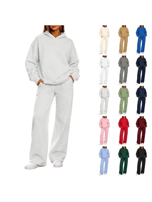 Womens Sweatsuits 2 Piece Set Petite Long Sleeve Hoodie Baggy Wide Leg Sweatpants Solid Color Matching Track Suits Light Blue,S