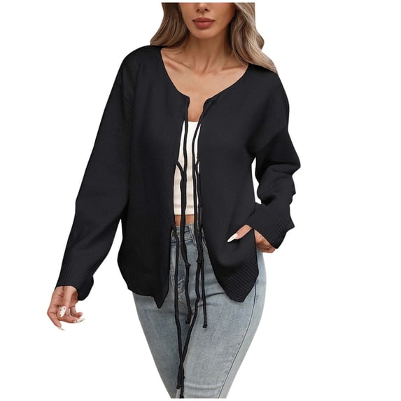 YFNNUP Womens Tie Front Cardigan Sweaters Cute Bow Long Sleeve Solid Coat 2025 Fall Ribbed Knit Trendy Sweater Tops