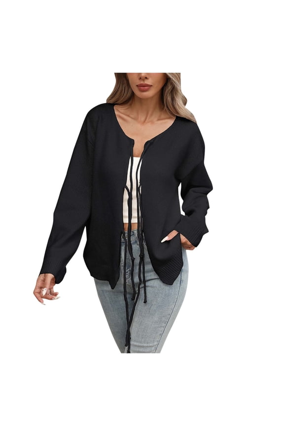 Womens Tie Front Cardigan Sweaters Cute Bow Long Sleeve Solid Coat 2025 Fall Ribbed Knit Trendy Sweater Tops