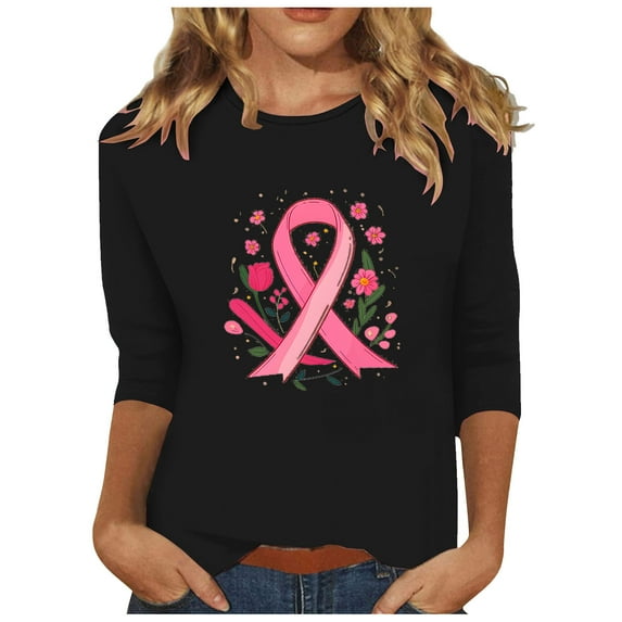 YFNNUP Womens Trendy 3/4 Sleeve Shirts Pink Ribbon & Flower Print Shirt Breast Cancer Awareness Tee Shirts Casual Crewneck Pullover Tops