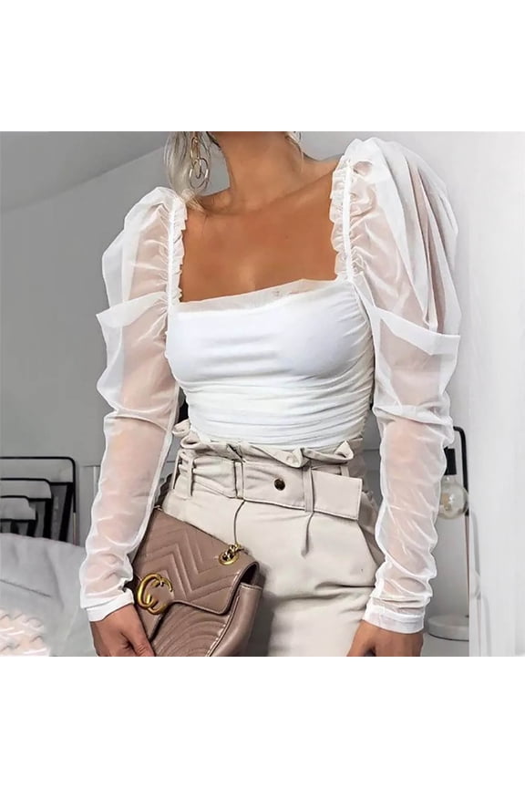 2022 Shirts for Women Business Casual Tops Bandana Tops Yoga Tops Dog Print Top Ruffled Tube Ruffle Tight Long Sleeve Mesh Tops