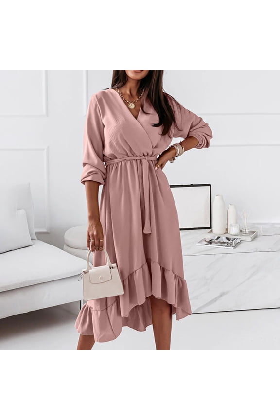 Fall Dresses for Women 2022 Vacation Dresses Maternity Photoshoot Dress Bridal Shower Dresses for Guest Spring Autumn V-Neck Solid Color Long Sleeve Lace-Up Waist Ruffle Dress