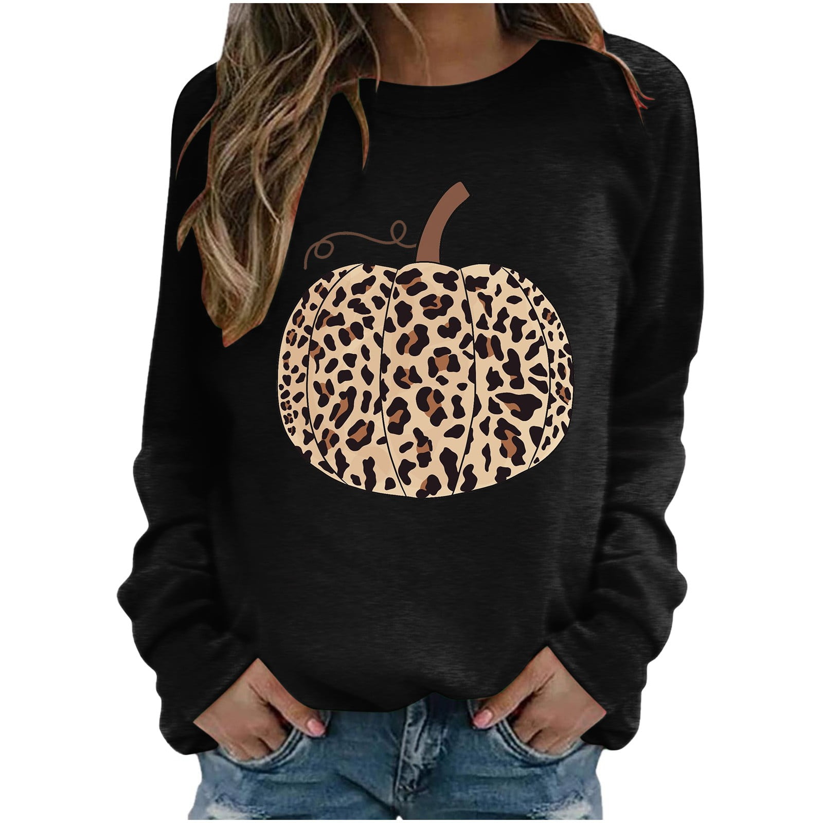 Hello Fall Pumpkin Shirt For Women - Plaid & Leopard Graphic Long Sleeve Tee, Cute Casual Autumn Top