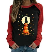 YFPWM Halloween Clothes for Women Autumn Winter Tops Pumpkin Witch T-shirt Halloween Witch Hat Print Top Spring Patchwork Print Long Sleeve Round Neck Tops