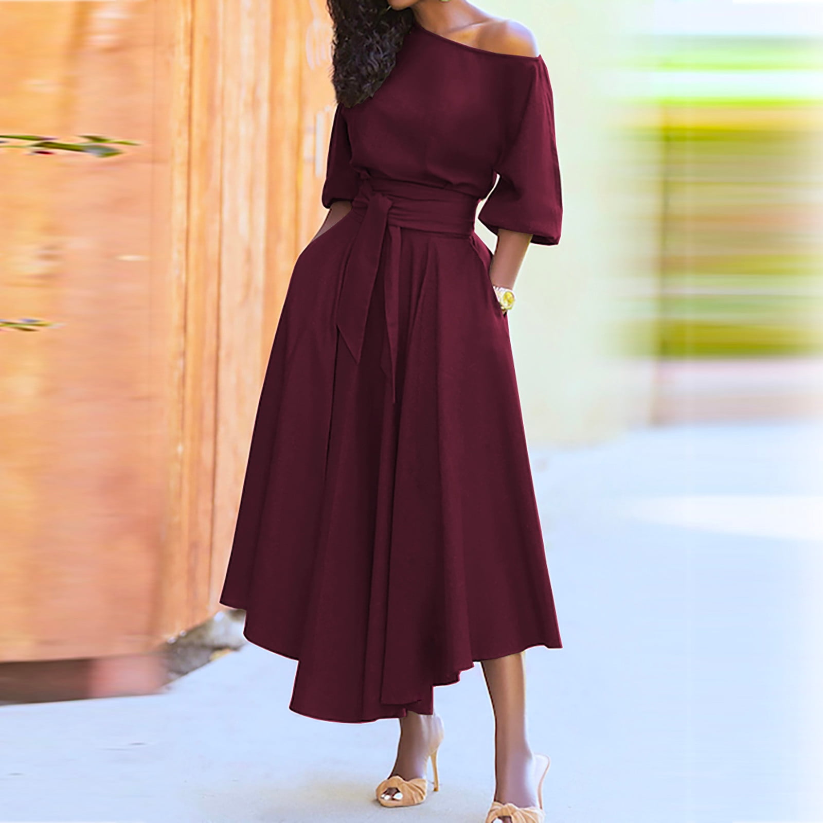 slim fit dress slacks Simple pink off shoulder satin long prom dress pink formal dress – dresstby