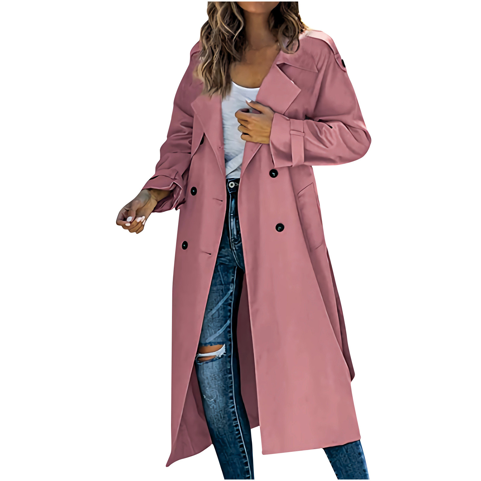 YFPWM Women Classic Double Breasted Coats Slim Long Jacket Winter Long Trench Coat Long Sleeve Double Breasted Coat Trench Coat Long Sleeve Coat Jacket Pink XL - image 1 of 7