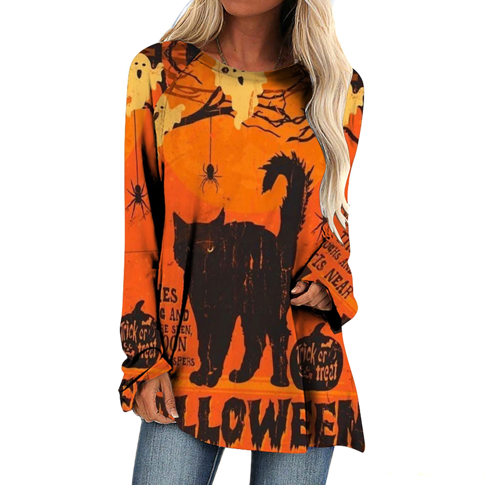 YFPWM Women Halloween Tops Fall Print Shirt Black Cat Shirt Halloween