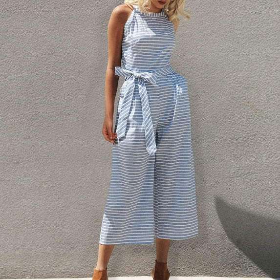 YFPWM Women Overalls Jumpsuit Baggy Wide Leg Jumpsuits Casual Loose Wide Leg Pant Knitted One Piece Bodysuit Summer Striped Print Sleeveless Round Neck Lace Straight Jumpsuit