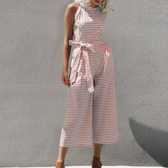 YFPWM Women Overalls Jumpsuit Baggy Wide Leg Jumpsuits Casual Loose Wide Leg Pant Knitted One Piece Bodysuit Summer Striped Print Sleeveless Round Neck Lace Straight Jumpsuit